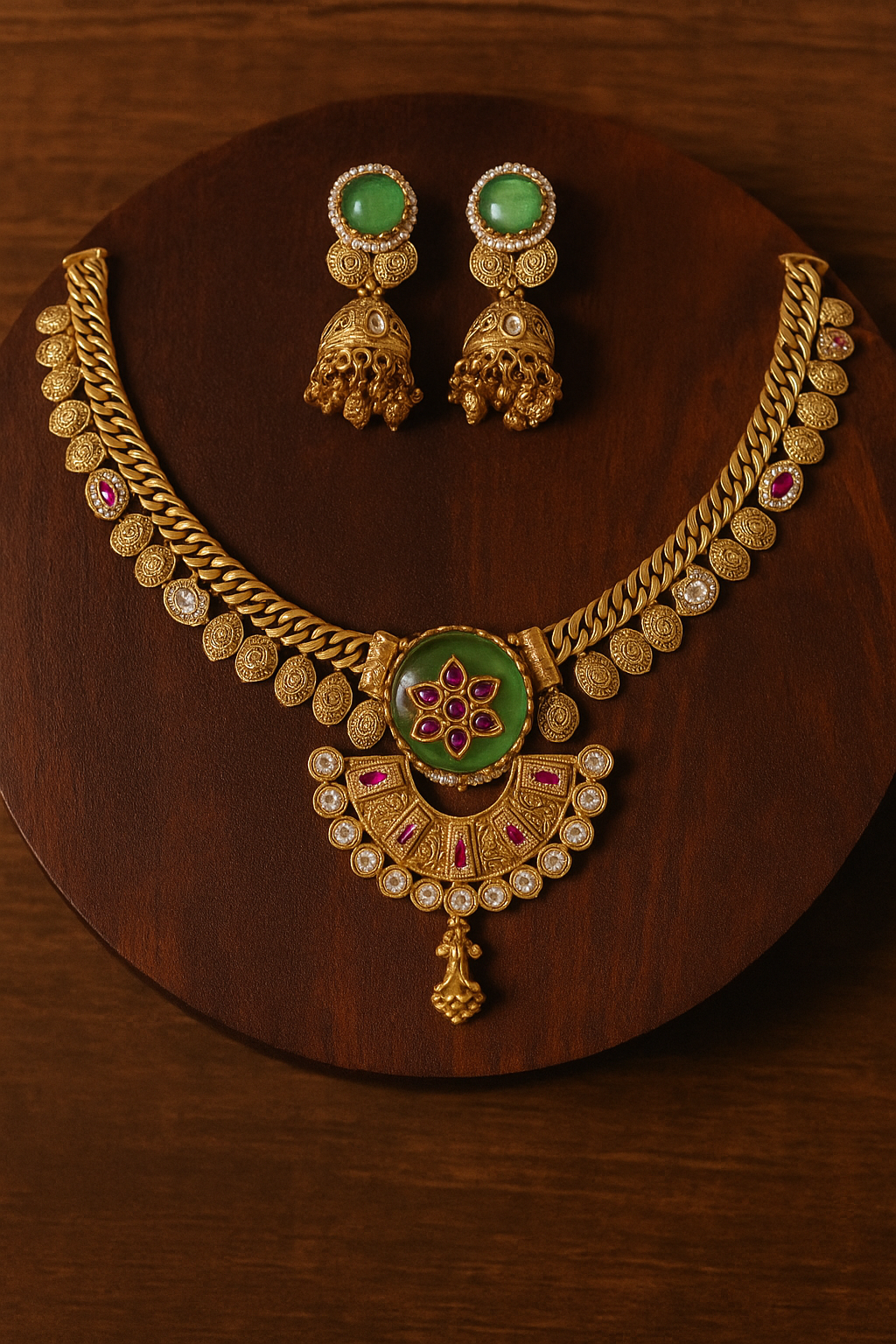 Antique Gold Necklace Set – Ruby & Green Stone Design with Jhumka Earrings